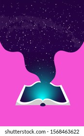 universe inside the book, concept of education and training. Open book on pink background. Science fiction or educational books, bright yellow background