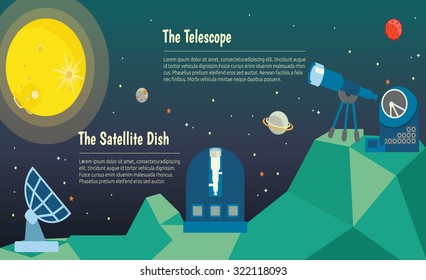 The universe kids,  Planets comparison, Sun and Moon , Galaxies Classification,Kids space learning,Full vector, Telescope, satellite dish