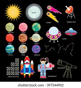 The universe kids,Solar system, Planets comparison, Sun and Moon , Galaxies Classification,Kids space learning,Full vector
