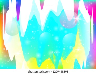 Universe landscape with holographic cosmos and abstract future background. Hipster mountain silhouette with wavy glitch. 3d fluid. Futuristic gradient and shape. Memphis universe landscape.