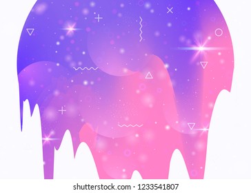 Universe landscape with holographic cosmos and abstract future background. Futuristic gradient and shape. 3d fluid. Hipster mountain silhouette with wavy glitch. Memphis universe landscape.