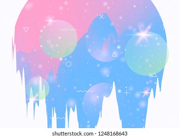 Universe landscape with holographic cosmos and abstract future background. Futuristic gradient and shape. 3d fluid. Cute mountain silhouette with wavy glitch. Memphis universe landscape.