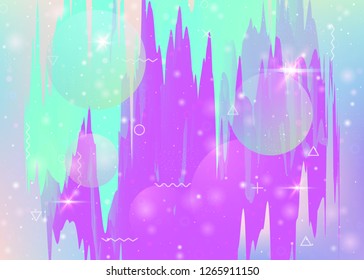 Universe landscape with holographic cosmos and abstract future background. Creative mountain silhouette with wavy glitch. 3d fluid. Futuristic gradient and shape. Memphis universe landscape.