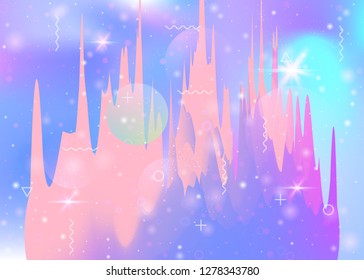 Universe landscape with holographic cosmos and abstract future background. Futuristic gradient and shape. 3d fluid. Iridescent mountain silhouette with wavy glitch. Memphis universe landscape.