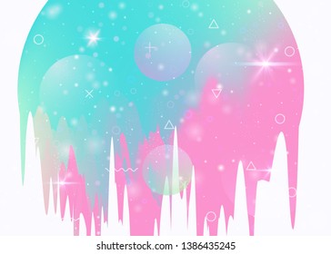 Universe landscape with holographic cosmos and abstract future background. 3d fluid. Futuristic gradient and shape. Vibrant mountain silhouette with wavy glitch. Memphis universe landscape.