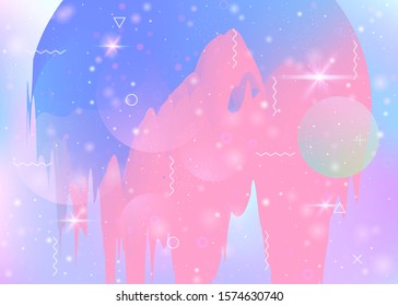 Universe landscape with holographic cosmos and abstract future background. Futuristic gradient and shape. Multicolor mountain silhouette with wavy glitch. 3d fluid. Memphis universe landscape.
