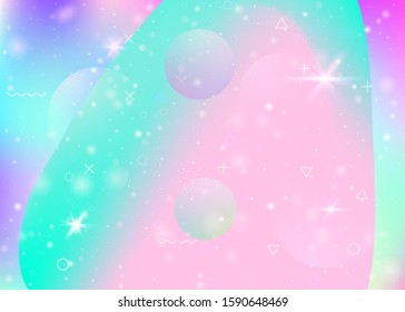 Universe landscape with holographic cosmos and abstract future background. Fluorescent mountain silhouette with wavy glitch. Futuristic gradient and shape. 3d fluid. Memphis universe landscape.