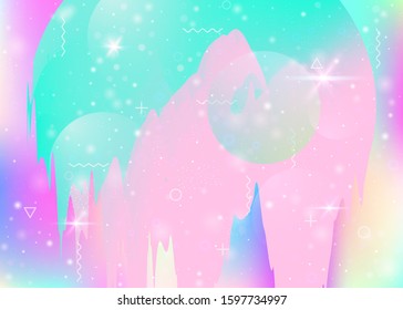 Universe landscape with holographic cosmos and abstract future background. Futuristic gradient and shape. 3d fluid. Stylish mountain silhouette with wavy glitch. Memphis universe landscape.