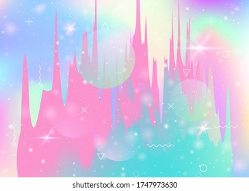 Universe landscape with holographic cosmos and abstract future background. Kawaii mountain silhouette with wavy glitch. Futuristic gradient and shape. 3d fluid. Memphis universe landscape.