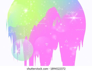 Universe landscape with holographic cosmos and abstract future background. Futuristic gradient and shape. 3d fluid. Pearlescent mountain silhouette with wavy glitch. Memphis universe landscape.