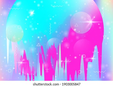 Universe landscape with holographic cosmos and abstract future background. Kawaii mountain silhouette with wavy glitch. 3d fluid. Futuristic gradient and shape. Memphis universe landscape.