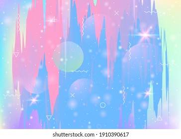 Universe landscape with holographic cosmos and abstract future background. Minimal mountain silhouette with wavy glitch. 3d fluid. Futuristic gradient and shape. Memphis universe landscape.