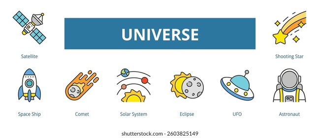 Universe Lineal Color Banner Web Icon Set Vector Illustration
