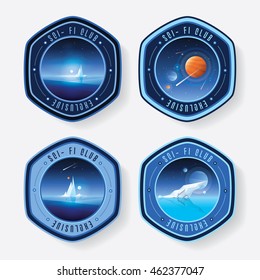 Universe logo badges in polygonal shapes with unusual planets, iceberg formations, oceans and asteroids