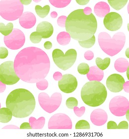 The universe of love. Seamless vector pattern with circles and hearts in light green and pink colors.