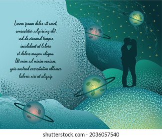 Universe for lovers. Vector romantic postcard template with kissing couple in space. Abstract romantic background with copy space