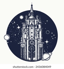 Universo y castillo medieval tatuaje. Símbolo gótico de imaginación, sueños, cuentos de hadas. Concepto de diseño de camiseta creativa