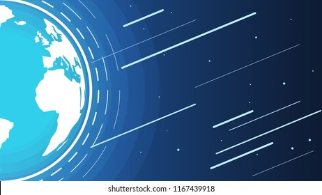 Universe Modern Technology futuristic  background with world globe and meteor rain. Global cryptocurrency business banner concept.