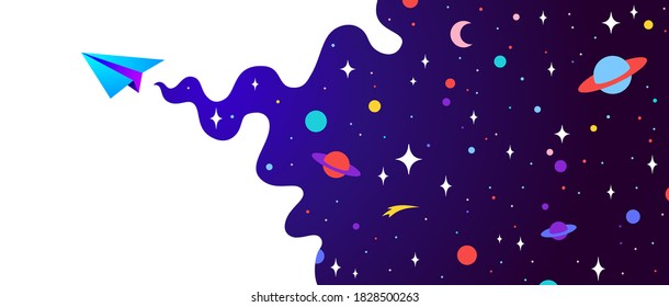 Universe. Motivation banner with universe cloud, dark cosmos, planet, stars and paper plane, start up symbol. Banner template with universe starry night dream background. Vector Illustration