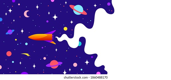 Universo. Banner de motivación con nubes de universo, cosmos oscuros, planeta, estrellas y nave espacial de cohetes. Plantilla de banner con fondo de sueño nocturno estrellado en el universo. Ilustración vectorial