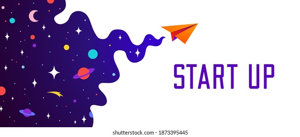 Universe. Motivation banner with universe cloud, dark cosmos, planet, stars and paper plane, start up symbol. Banner template with text Start Up, universe starry dream background. Vector Illustration