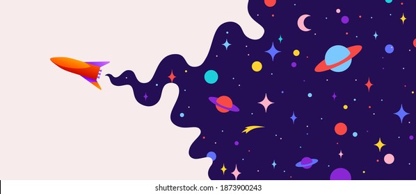 Universe. Motivation banner with universe cloud, dark cosmos, planet, stars and rocket spaceship. Banner template with universe starry dark night dream background. Vector Illustration