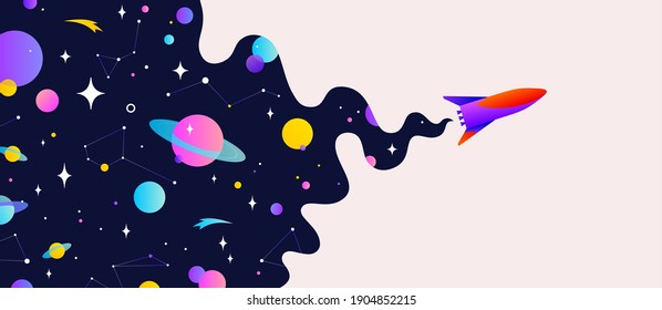 Universe. Motivation banner with universe cloud, dark cosmos, planet, stars and rocket spaceship. Banner template with universe starry dark night dream background. Vector Illustration