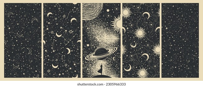 Universe mystical banner, a woman touches the planet, a pattern with the sun and moon, constellations on a black background. Set of astrology cards, boho design. Hand drawn vector illustration.