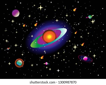Universe outer space background with colorful planets and stars in vector