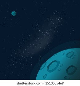 Universe or outer space with copy space for text vector illustration, flat cartoon moon or mars planet surface banner or flyer in galaxy atmosphere