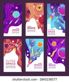 Universe and outer space covers. Planets and stars, asteroids and sunshine. Celestial bodies and flying rockets, spaceship launching. Traveling in cosmos, futuristic adventures. Vector in flat style