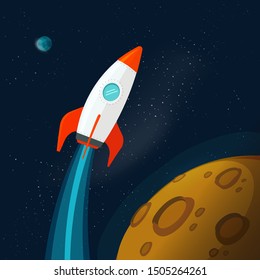 Universe or outer space with planets and rocket or spaceship flying vector illustration, flat cartoon flying rocketship near moon or mars planet surface