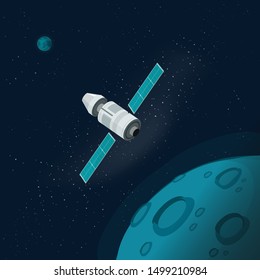 Universe or outer space with planets and spaceship vector illustration, flat cartoon flying satellite orbit station near moon or mars planet surface