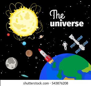 The universe in outer space with sun and planets and rockets. Vector illustration