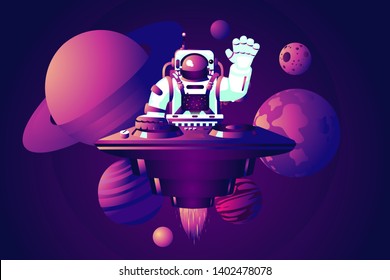 Universe party. DJ astronaut. Music dance event. Vector illustration with spaceman.