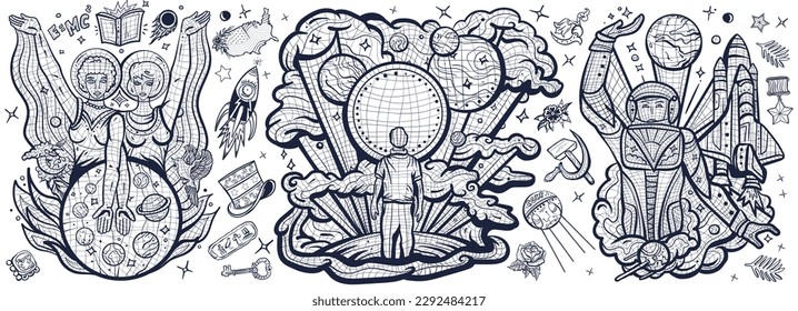 Universe and people. Retro Soviet Union mosaic style. Space program. Multicultural study of deep space. Astronaut, spacecraft, scientists and dreamer. Old school tattoo collection