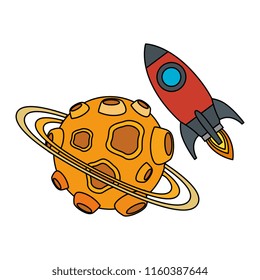 universe planet with craters and rocket flying