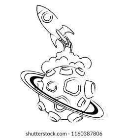 universe planet with craters and rocket flying