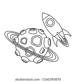 universe planet with craters and rocket flying