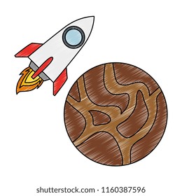 universe planet with rocket flying