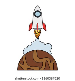 universe planet with rocket flying