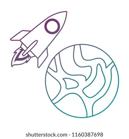 universe planet with rocket flying