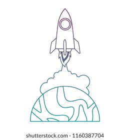 universe planet with rocket flying