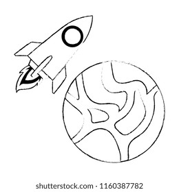 universe planet with rocket flying