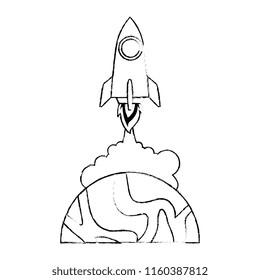 universe planet with rocket flying