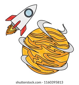universe planet with rocket flying