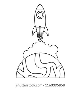 universe planet with rocket flying