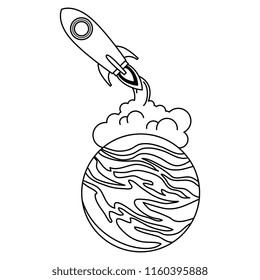 universe planet with rocket flying