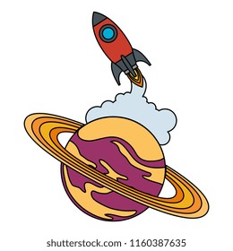 universe planet saturn with rocket flying