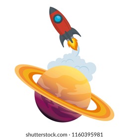 universe planet saturn with rocket flying